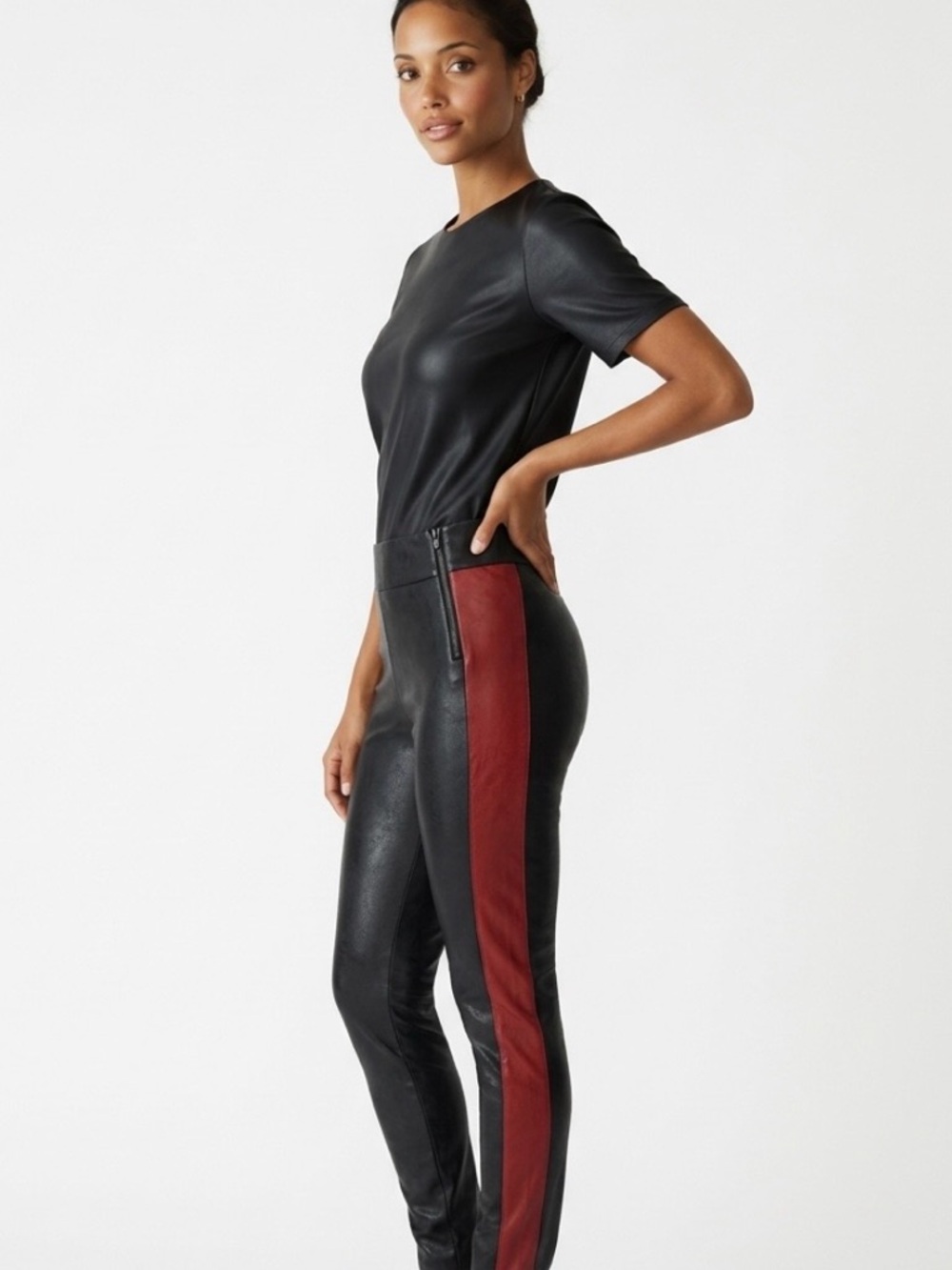Zara Black Faux Leather Skinny Pants with Red Side Stripe